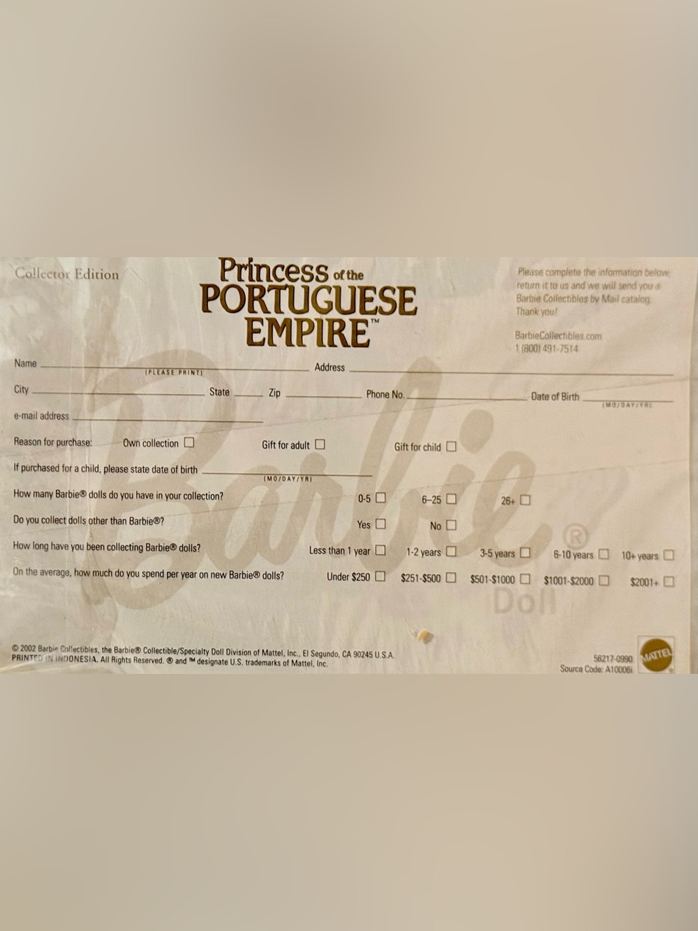 2002 Barbie Princess Portuguese Empire #56217 NRFB Certificate Included - Picture 6 of 6